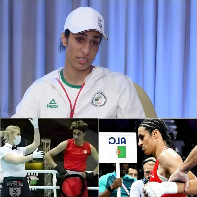 AI-generated composite image of Imane Khelif in interview and boxing scenes