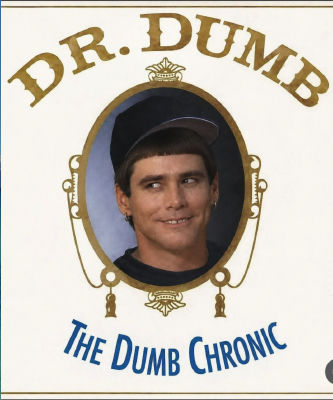 AI-generated 'Dr. Dumb - The Dumb Chronic' album cover parody featuring Jim Carrey