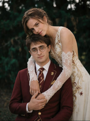 AI-generated wedding portrait of Daniel Radcliffe and Emma Watson