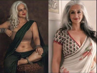 AI-generated portraits of two women with silver hair in sarees