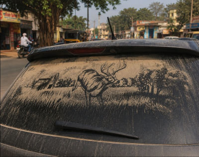 AI-generated image of a deer dust drawing on a car rear window