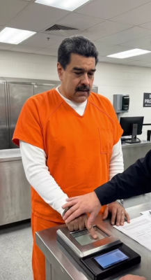 Deepfake of Nicolás Maduro in an orange prison jumpsuit at a booking counter