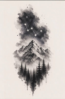 AI-generated black and white mountain and constellation illustration