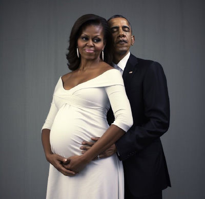AI-generated pregnancy portrait of Michelle Obama with a man