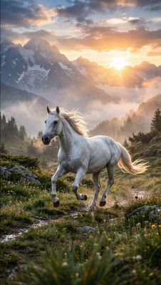 AI-generated image of a white horse galloping through a mountain meadow at sunset