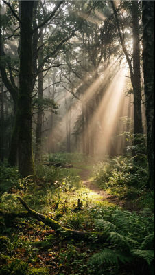 AI-generated misty forest scene with sunbeams through trees