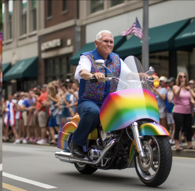 AI-generated image of Mike Pence riding a rainbow motorcycle in a Pride parade