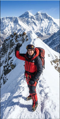 AI-generated image of a mountaineer posing on a snowy peak