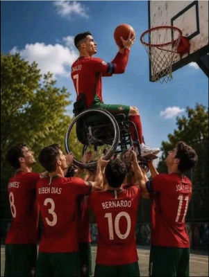 AI-generated image of Cristiano Ronaldo in a wheelchair being lifted by Portugal teammates