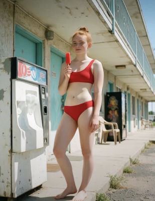AI-generated image of Sadie Sink in a red bikini at a motel vending area