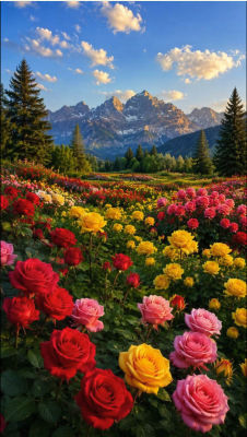 AI-generated image of a rose garden with snow-capped mountains