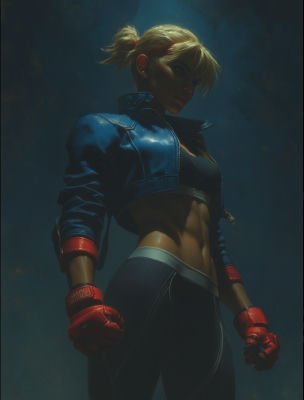 AI-generated illustration of a blonde female boxer in a blue cropped jacket and red gloves