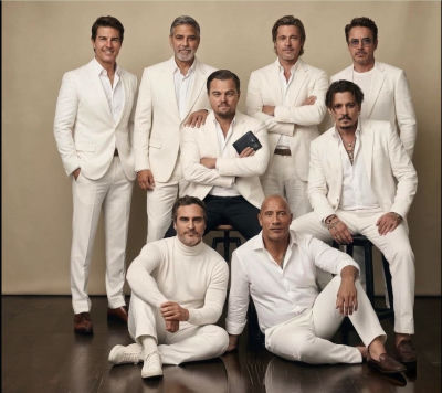 Deepfake of Tom Cruise, Brad Pitt, Johnny Depp, Leonardo DiCaprio, George Clooney, Robert Downey Jr., Joaquin Phoenix, and Dwayne Johnson in white suits