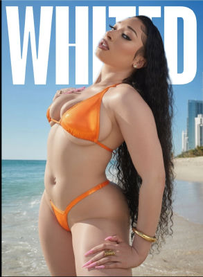 AI-generated image of Megan Thee Stallion on a beach in an orange bikini