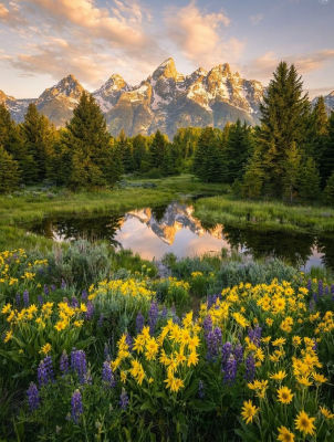 AI-generated landscape of mountains, wildflowers, and a reflective pond