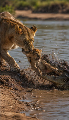 AI-generated image of a lioness rescuing a cub from a crocodile