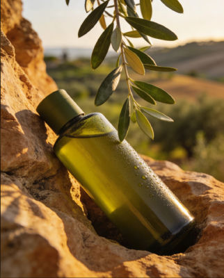 AI-generated image of an olive oil bottle with an olive branch on rocky terrain