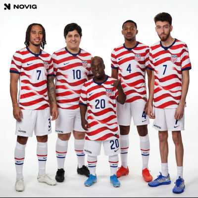 AI-generated image of Josh Peck, Chet Holmgren, and De'Aaron Fox in US soccer jerseys