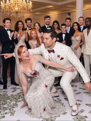 AI-generated image of Tobey Maguire and Kirsten Dunst at a Spider-Man themed wedding with celebrity guests