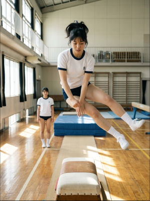 AI-generated image of two female students in a school gymnasium