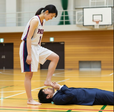 AI-generated image of a woman standing over a man in a suit on a basketball court