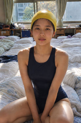 AI-generated image of a young woman in a yellow swim cap seated on a bed