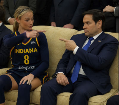 AI-generated meme of a woman in an Indiana Fever jersey and Marco Rubio on a couch