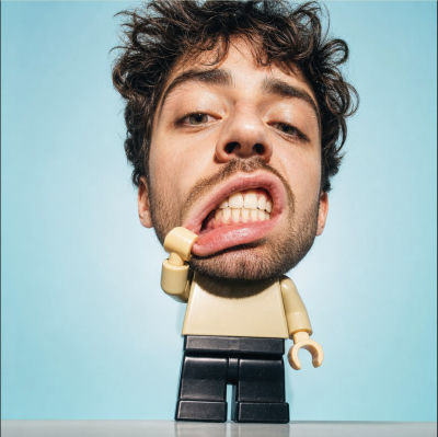 AI-generated image of a man and a LEGO minifigure licking his face