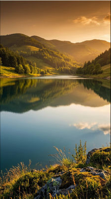 AI-generated mountain lake landscape at golden hour