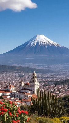 AI-generated image of a colonial Mexican town with a snow-capped volcano
