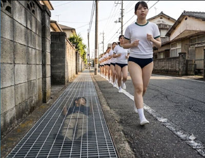 AI-generated image of women running in a Japanese street