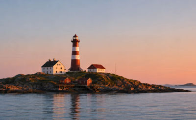 AI-generated image of a red-and-white striped lighthouse on a rocky island at sunset