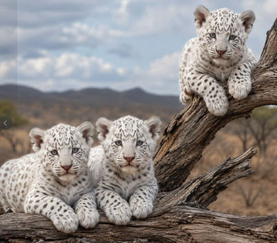 AI-generated image of three white leopard cubs on a tree branch