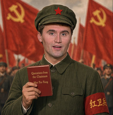 AI-generated image of Charlie Kirk in a Mao-era Chinese Red Guard uniform holding the 'Quotations from Chairman Mao Tse-Tung'
