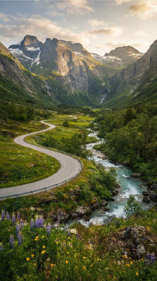 AI-generated mountain valley landscape with winding road and river