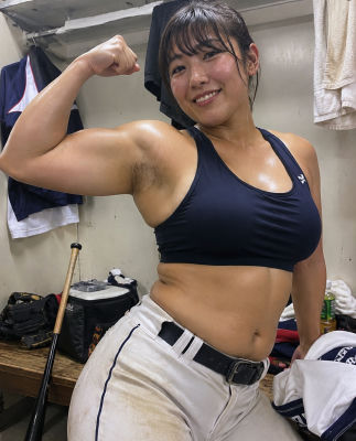 AI-generated image of an unidentified muscular woman in a baseball locker room