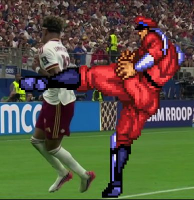 Deepfake of soccer player edited with pixelated red character in stadium