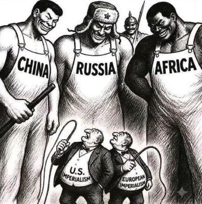 AI-generated cartoon depicting China, Russia, and Africa towering over U.S. and European imperialism figures