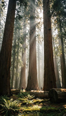 AI-generated image of a giant redwood forest with sunbeams and tiny hikers