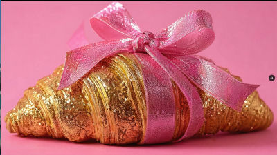 AI-generated glittery gold croissant tied with a pink ribbon bow