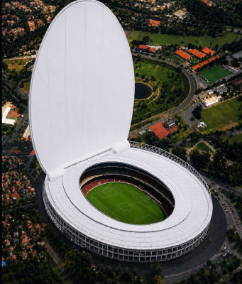 AI-generated aerial view of a stadium with a petal-shaped roof