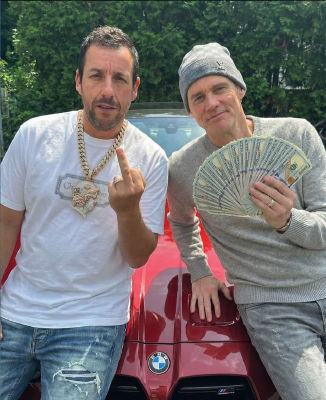 AI-generated image of Adam Sandler and Jim Carrey posing with cash and a BMW
