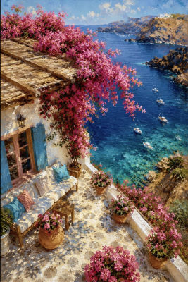 AI-generated Mediterranean coastal painting with bougainvillea terrace