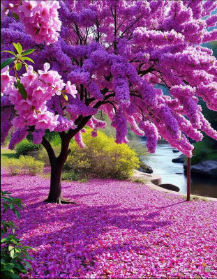 AI-generated image of a pink and purple blossoming tree by a stream