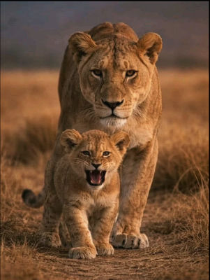 AI-generated image of a lioness and cub walking through the savanna