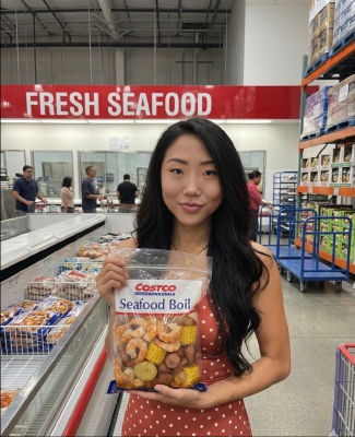 AI-generated image of a woman holding a Costco Seafood Boil bag