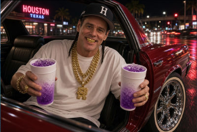 Deepfake of Jim Carrey in Houston with gold grillz and purple slushies