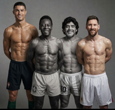 AI-generated image of Cristiano Ronaldo, Pelé, Diego Maradona, and Lionel Messi together