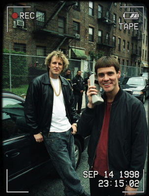 AI-generated image of Jim Carrey and Michael Rapaport styled as a 1998 camcorder recording