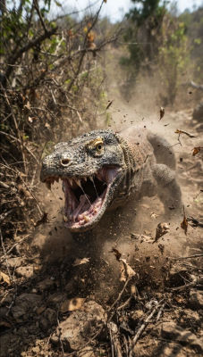 AI-generated image of a Komodo dragon charging with mouth open